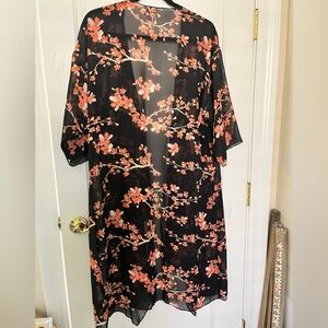 LuLaRoe Shirley Black and Peach Sheer Floral Kimono sz M